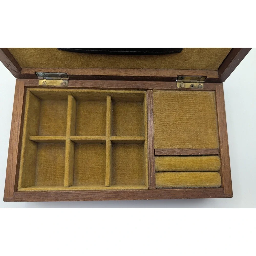 Vintage Japanese Brutalist Wooden Musical Jewelry Box Mid Century Modern Mustard